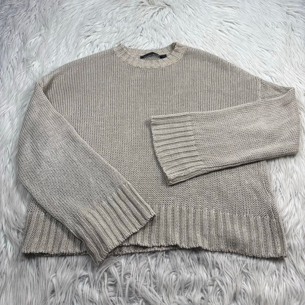Jenni Kayne Women's XS Relaxed Cropped Linen Crewneck Sweater Beach Lagenlook